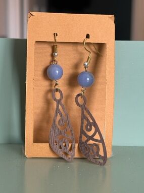 Blue Bead & Laser-Cut Wood Dangle Earrings